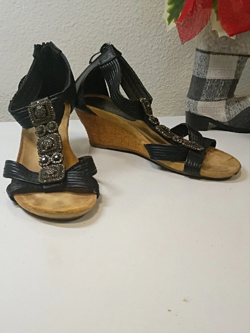 Black Jeweled T-Strap Wedge Sandals